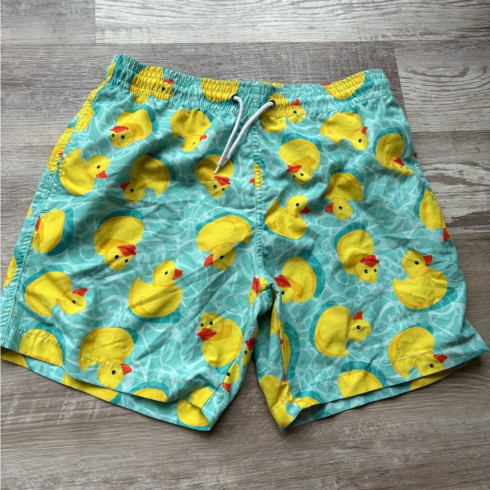 Coastal Swell Blue and yellow rubber ducky swim trunks